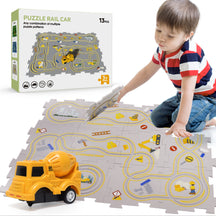 Puzzle Track Racer Car Playset for Toddler Logical Road Builder Brain Teasers Board Game, DIY Assemble Puzzle Mat Rail Train Educational Preschool STEM Montessori Toys for Kids 3+ (Construction Car)